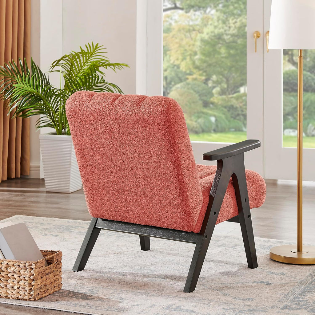 Roundhill Furniture Rella Modern Teddy Sherpa Accent Chair with Espresso Wood Frame, Coral