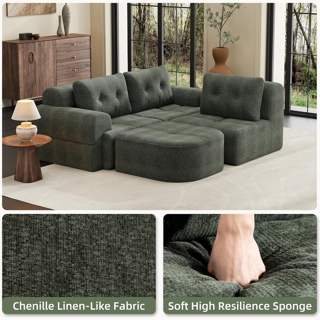 112' Compressed Boneless Sectional Sofa with Movable Ottoman Convertible L Shaped Modular Corner Couch for Living Room - Oversized Cloud Couches W/Tufted Cushions and Deep Seat