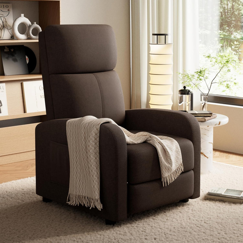 GarveeHome Linen Fabric Manual Recliner Chair, with Side Pocket, High Backrest, Thick Cushion, Adjustable Push Back Recliner, Lazy Lounge Chair for Living Room, Home Theater, Bedroom, Brown
