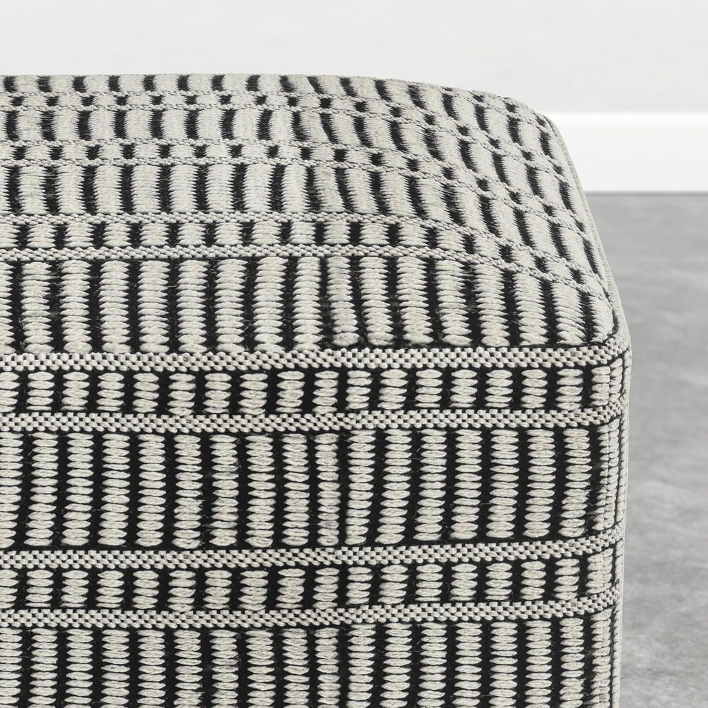 SIMPLIHOME Safford Square Pouf - 20 inch Wide Upholstered PET Polyester Ottoman in Cream White and Deep Black, Boho Indoor/Outdoor Footstool or Extra Seating for Living Room or Patio, Assembled