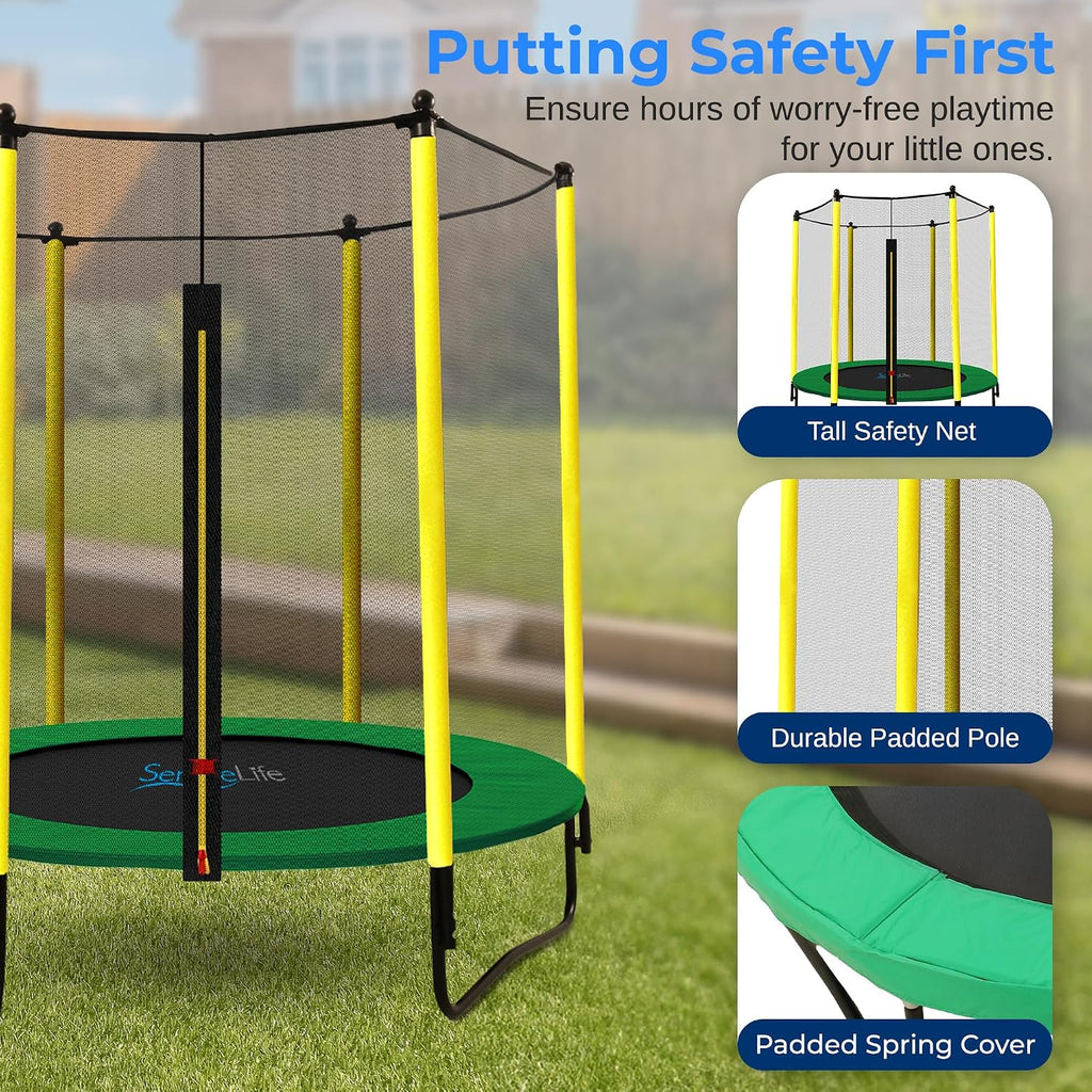 SereneLife 5FT Outdoor & Indoor Trampoline for Kids – Durable Mini Toddler Trampoline with Net Enclosure & Basketball Hoop - Supports 176 lbs, 60'x76'