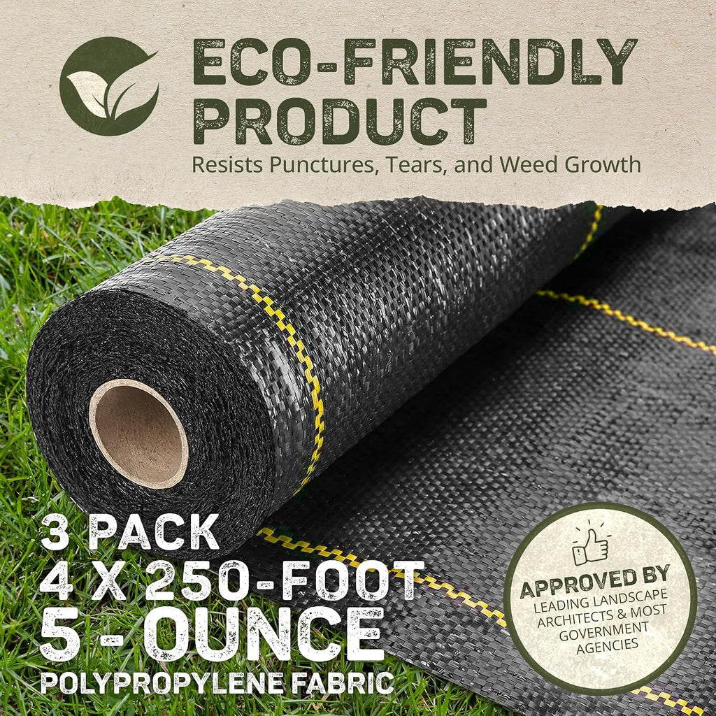 Dewitt 3-Pack Pro-5 Weed Barrier Fabric 5 oz, 4 x 250 Feet – Heavy-Duty Woven Landscape Ground Cover Mat for Raised Garden Bed, Greenhouse Gardening, Outdoor Landscaping, and Commercial Planting