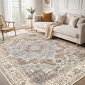 8x10 Washable Area Rug: Vintage Neutral Soft Non Slip Thin Large Floor Carpet for Living Room Bedroom Kitchen Dining Room Home Office Farmhouse Indoor - Grey Brown