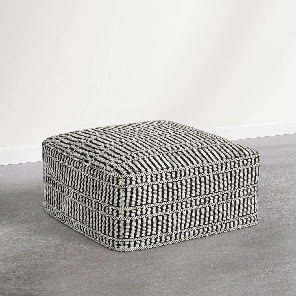 SIMPLIHOME Safford Square Pouf - 20 inch Wide Upholstered PET Polyester Ottoman in Cream White and Deep Black, Boho Indoor/Outdoor Footstool or Extra Seating for Living Room or Patio, Assembled