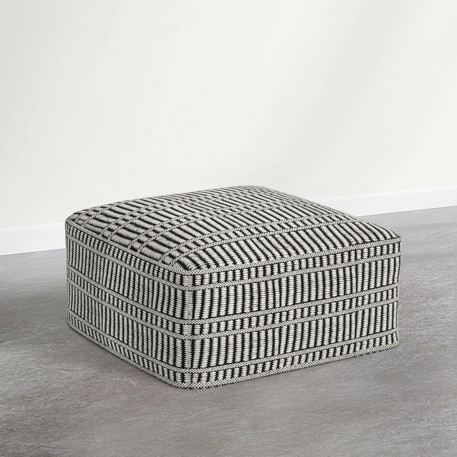 SIMPLIHOME Safford Square Pouf - 20 inch Wide Upholstered PET Polyester Ottoman in Cream White and Deep Black, Boho Indoor/Outdoor Footstool or Extra Seating for Living Room or Patio, Assembled