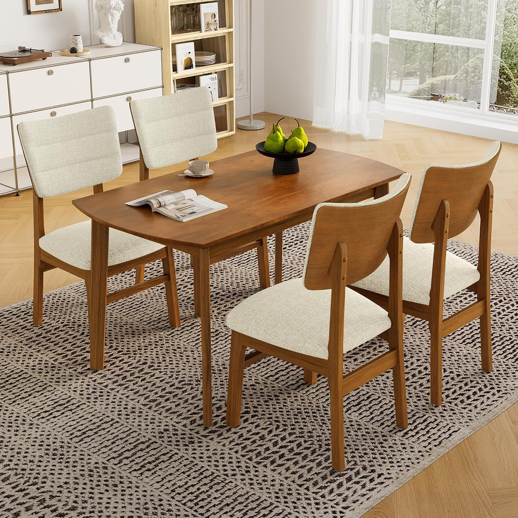 Merax 5 Piece Solid Wood Dining Table Set, Farmhouse Mid-Century Modern Table & 4 Upholstered Chairs for Home, Kitchen, Apartment, Space Saving, Brown+Biege