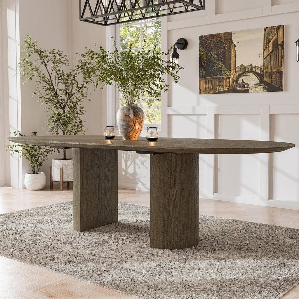 Furniture of America Vrusales Wooden 66 to 102-inch Extendable Oval Dining Table with Plinth Base, Seat up to 8 for Home Kitchen, Dinettes, Oak