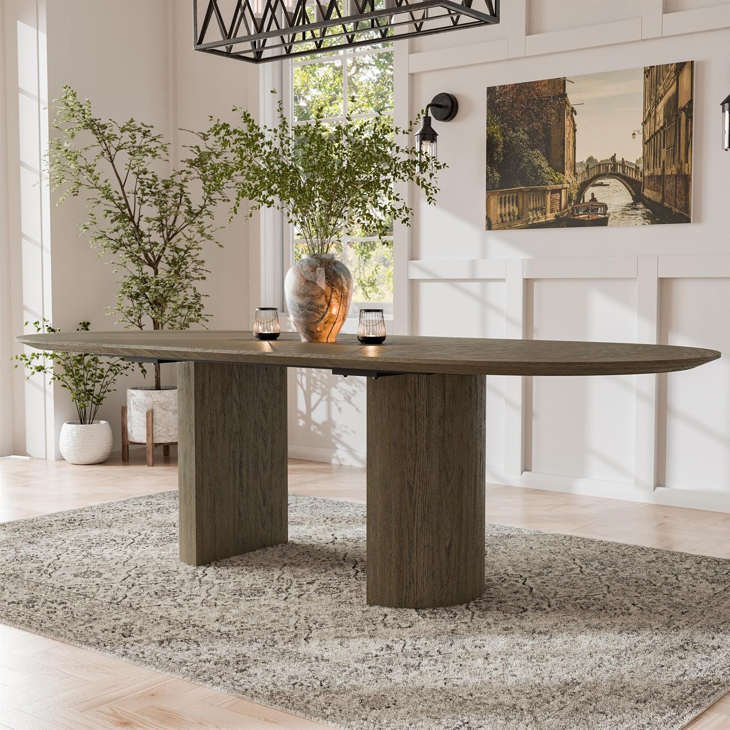 Furniture of America Vrusales Wooden 66 to 102-inch Extendable Oval Dining Table with Plinth Base, Seat up to 8 for Home Kitchen, Dinettes, Oak