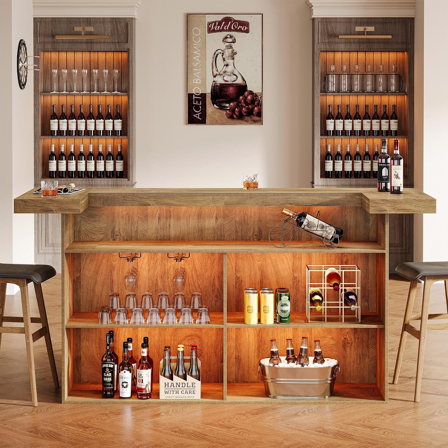 Tribesigns 4-Tier Bar Table, 70.9-Inch Large Wooden Home Bar Unit with Wine Glass Holder and Black Footrest, Pub Table with Storage Shelves for Basement, Dining Room, Living Room, Light Brown