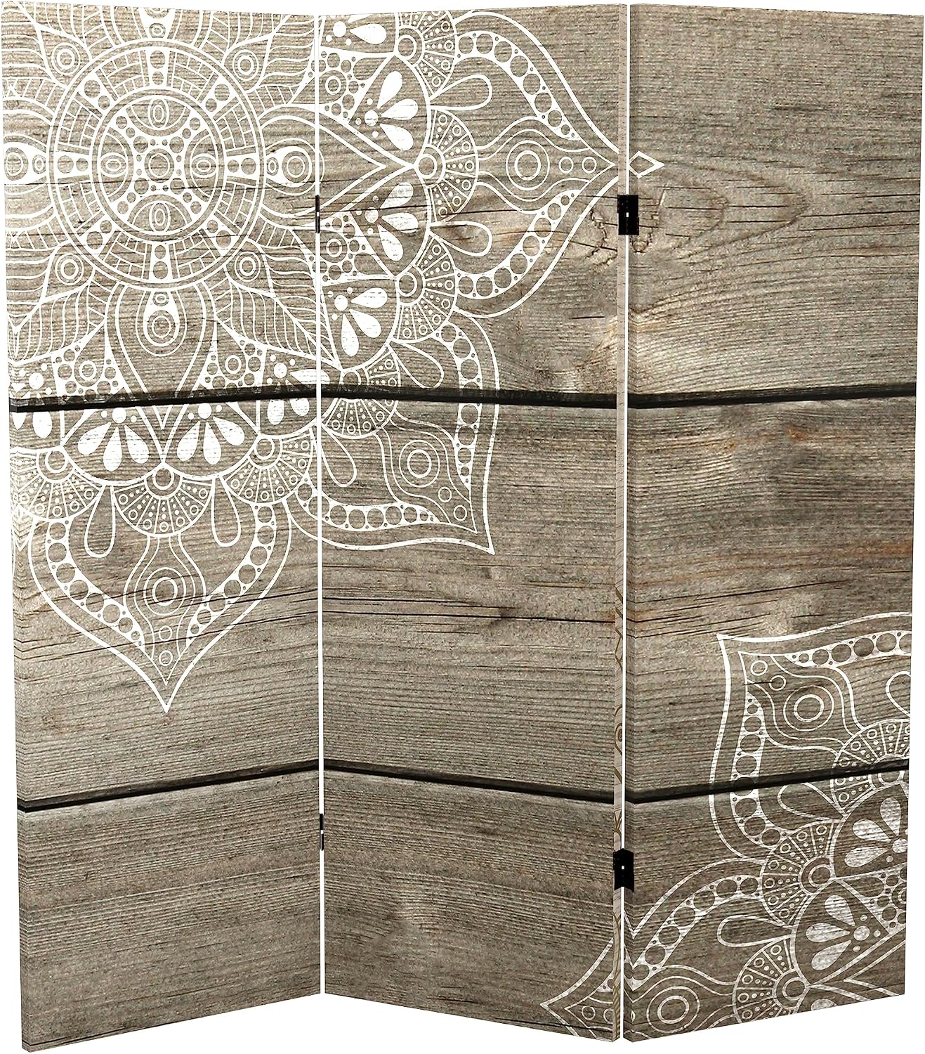 Red Lantern 4 ft. Short Double Sided Mandala on Oak Canvas Folding Screen 3 Panel Freestanding Partition and Separator for Modern and Contemporary Bedroom, Home Office, Studio, Dorm, Apartment
