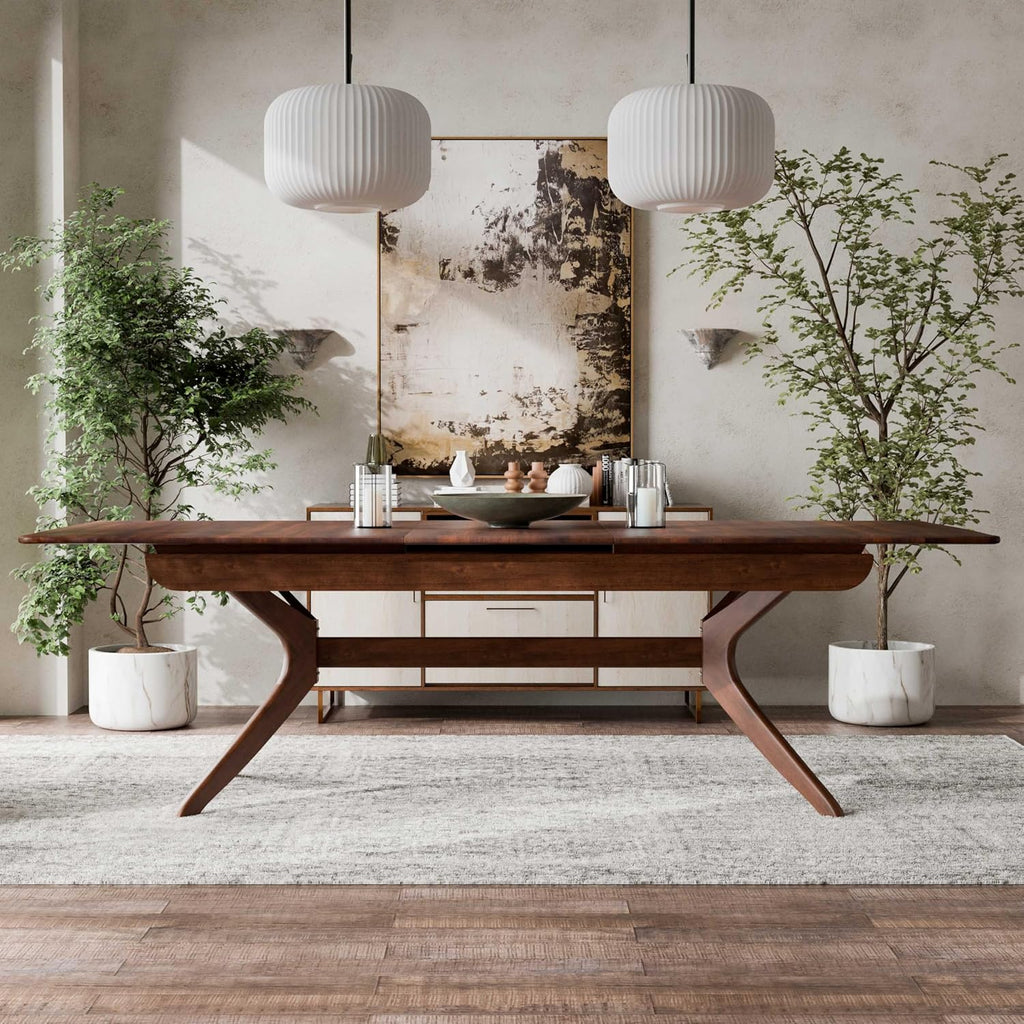 Furniture of America Nazaen IV 102' Mid-Century Modern Solid Wood Live Edge Extendable Dining Table with Steel Support, Walnut Finish, Seats 6–8