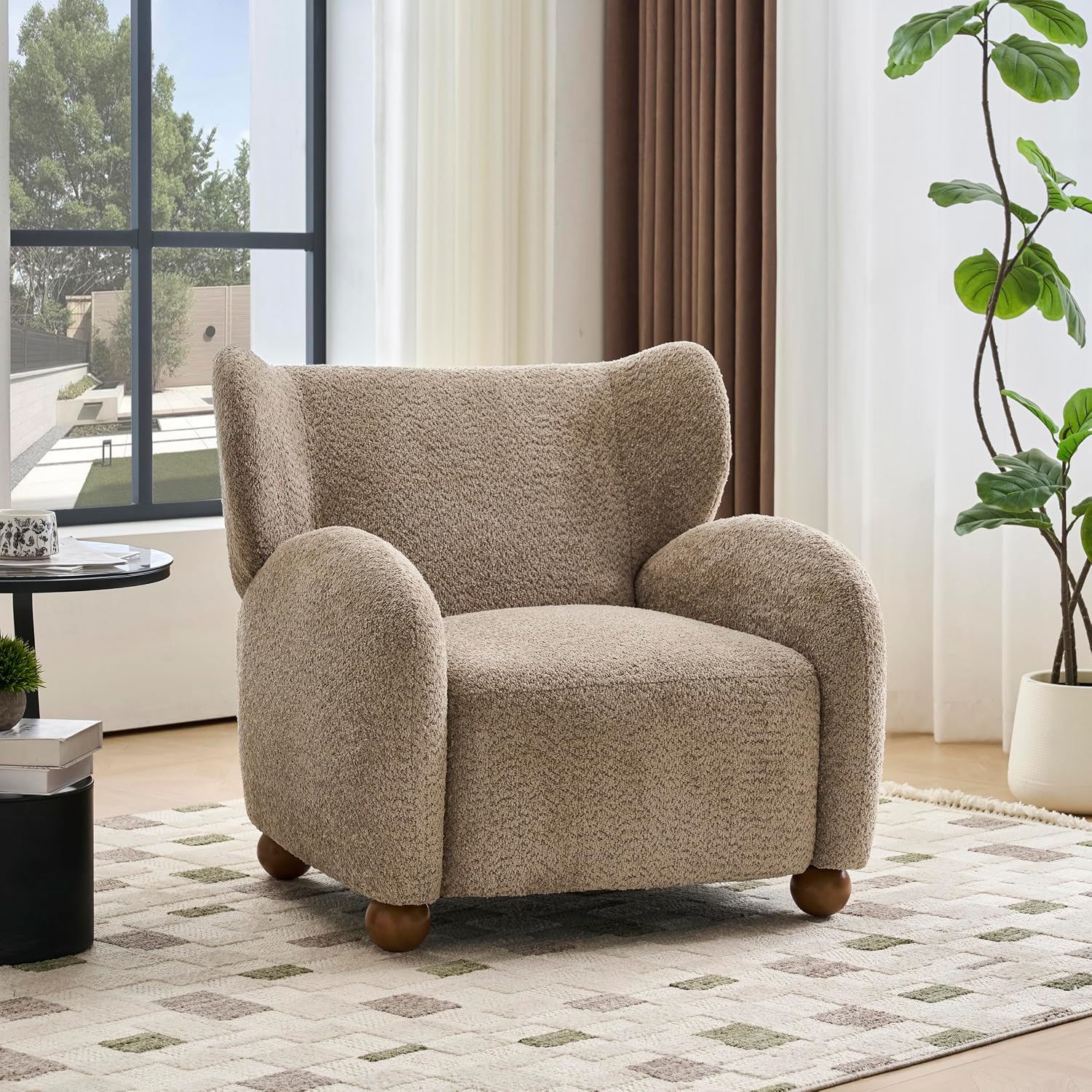 Christopher Knight Home Aiden Boucle Wingback Accent Chair, Fabric Upholstered Club Chair with Wooden Frame, Comfy Reading Chair for Living Room/Bedroom, Light Brown+Walnut Brown