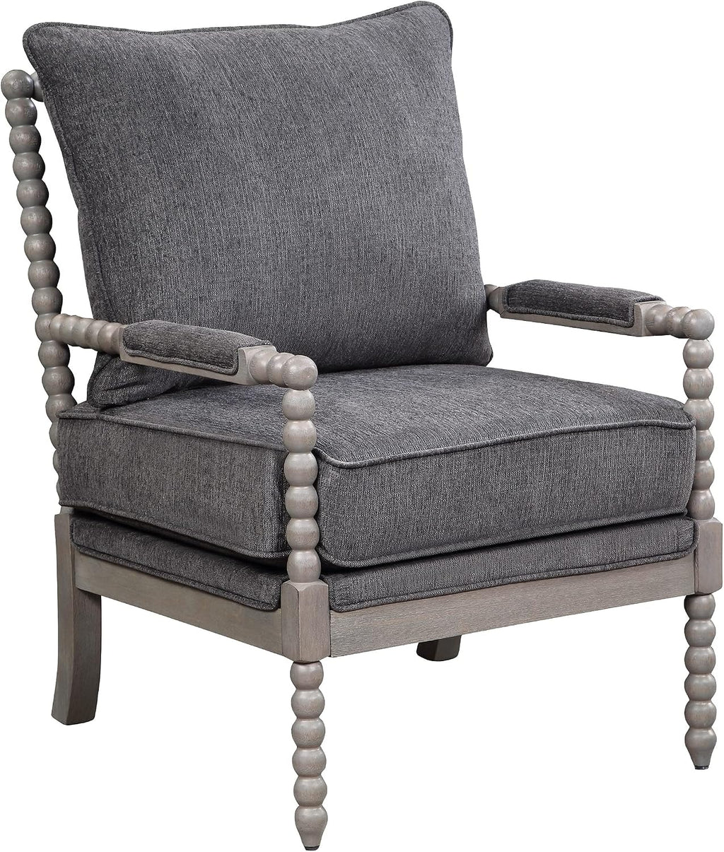 OSP Home Furnishings Abbott Spindle Accent Chair with Padded Spring Seat and Brushed Grey Base, Charcoal Fabric