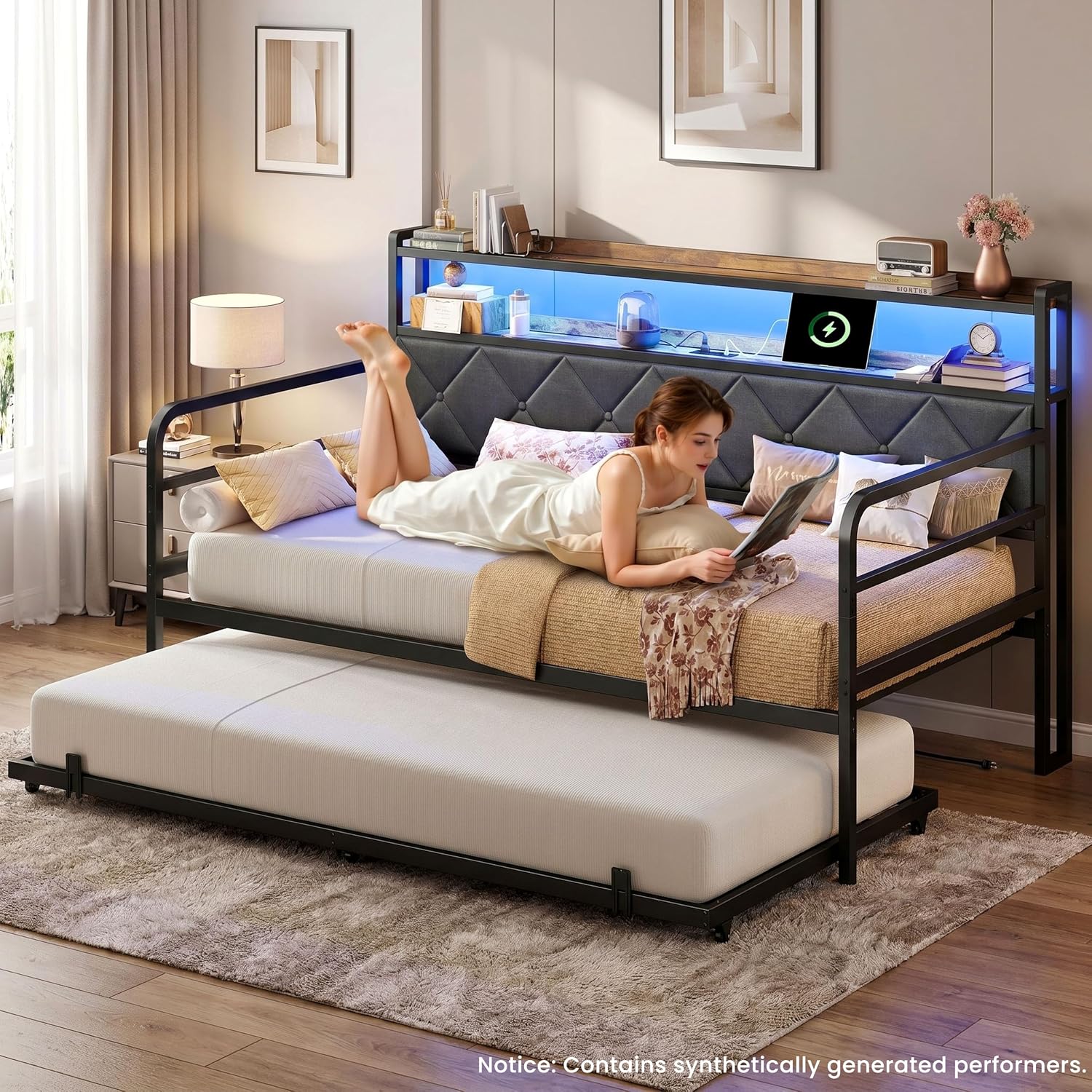 LIKIMIO Twin Daybed with Trundle, 700lbs Capacity, LED Lights & Charging Station, Twin Bed Frame with Storage, Convertible Sofa Bed for Bedroom, Living Room, Black