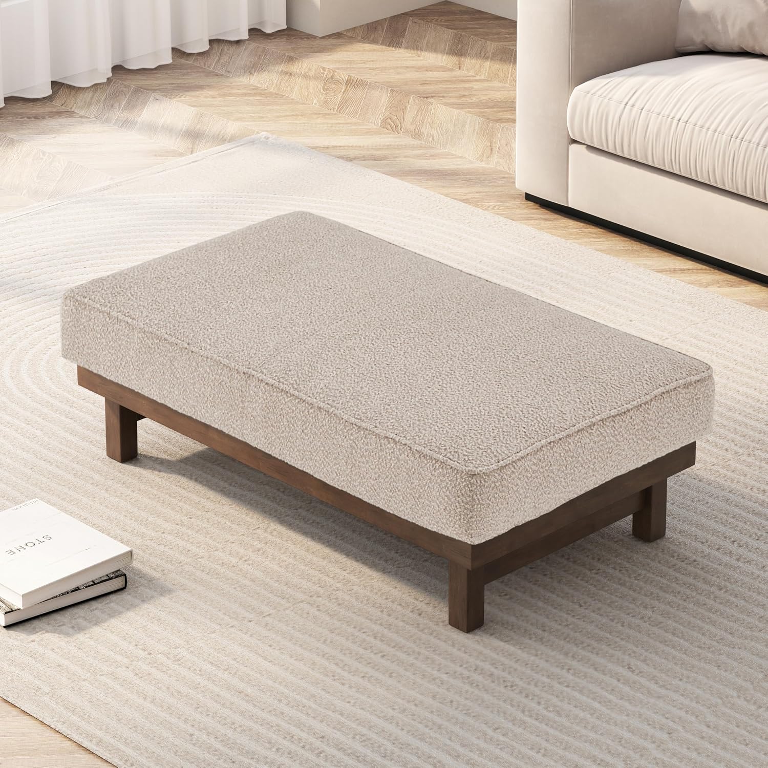 Christopher Knight Home Hillman Boucle Fabric Ottoman with Wood Frame,Rectangular Footrest Bench,Non Storage Ottoman Bench for Living Room Bedroom Entryway Home Decor,Light Brown