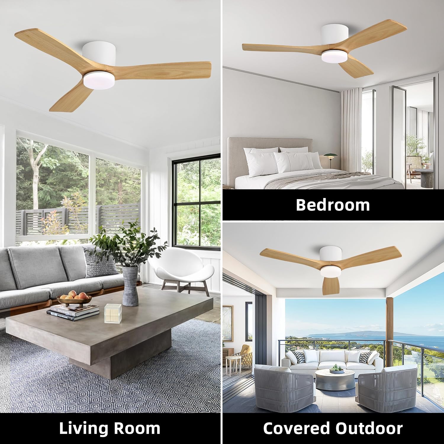 WINGBO 48 Inch Flush Mount DC Ceiling Fan, 3CCT Dimmable Light, 3 Carved Wood Blades, 6-Speed Noiseless Reversible DC Motor, Hugger Low Profile Fan, Gloss White Finish with Oak Blades, ETL Listed