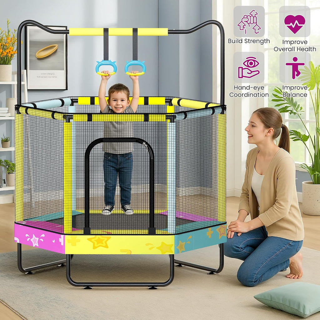 Lamerge Kids Trampoline, Toddler Bouncing Trampoline with Safety Enclosure Net, ASTM-Approved, 500lbs Capacity, Ages 1-8, Adjustable Handrail, 7-in-1, 60'