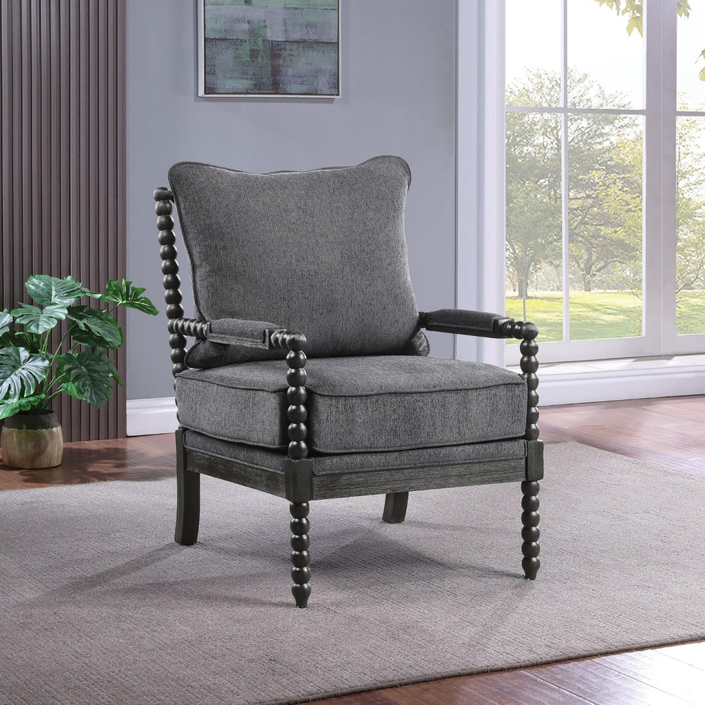OSP Home Furnishings Eliza Spindle Accent Chair, Charcoal Grey Fabric with Black Wood