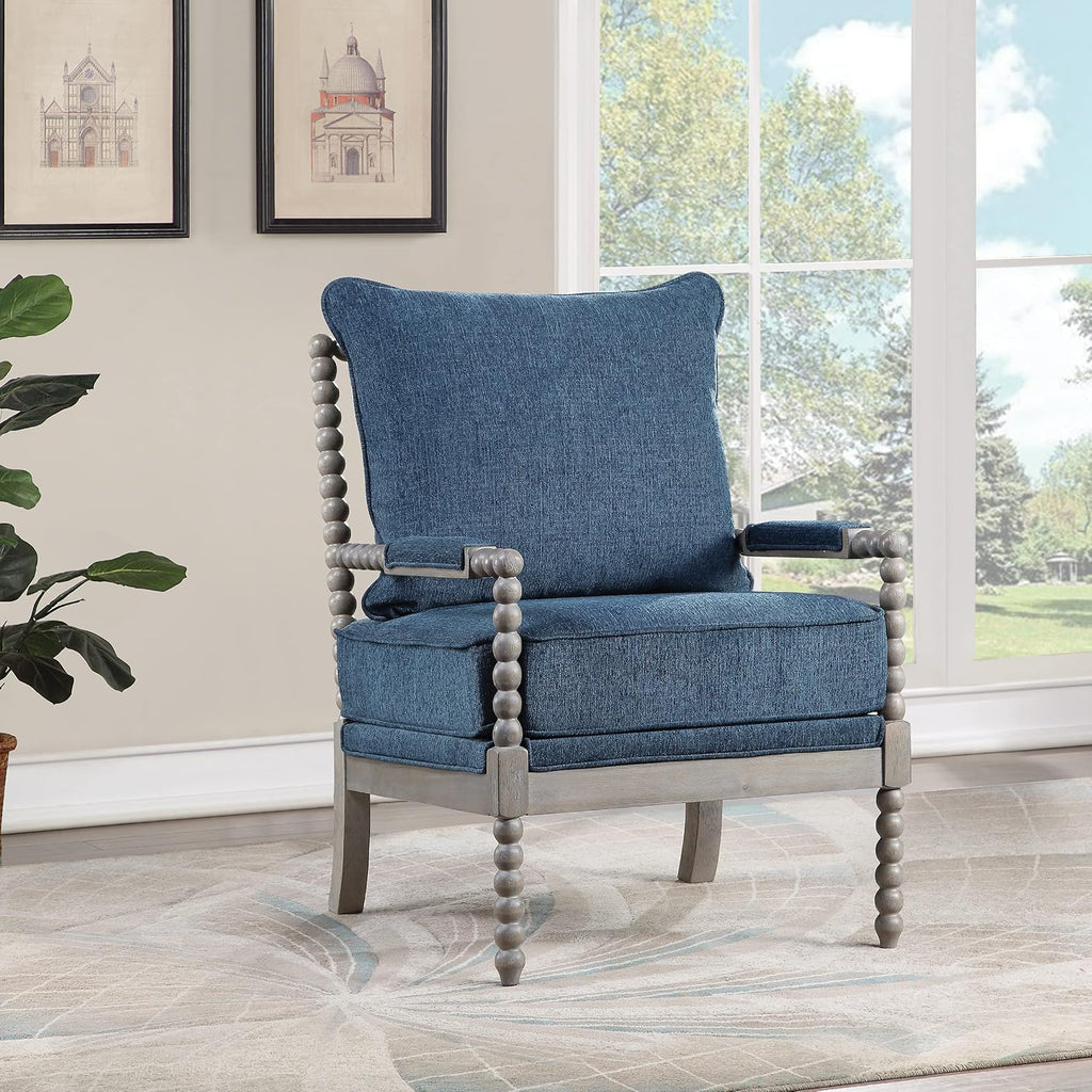 OSP Home Furnishings Abbott Spindle Accent Chair with Padded Spring Seat and Brushed Grey Base, Azure Blue Fabric