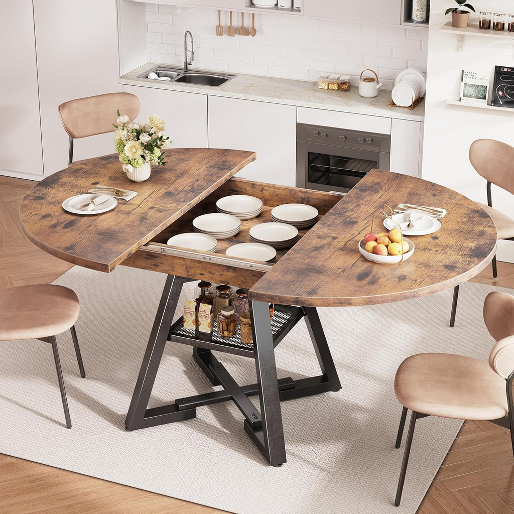 43''-57'' Extendable Round Dining Table for 4-6, Modern Industrial Kitchen Oval Dining Table with Removable Leaves, Space Saving Pedestal Base with Storage Shelf for Kitchen Living Room (Vintage)