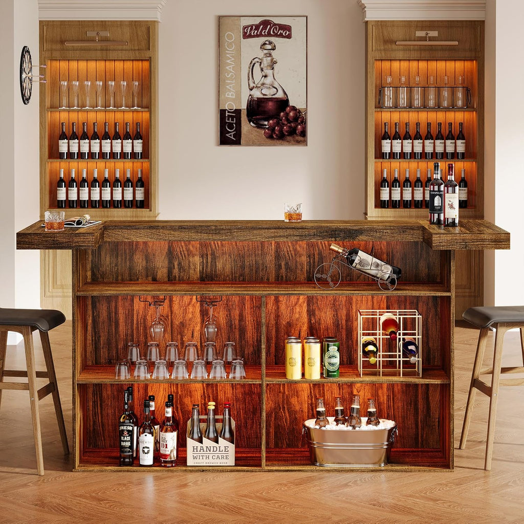 Tribesigns 4-Tier Bar Table, 70.9-Inch Large Wood Home Bar Unit with Wine Glass Holder and Black Footrest, Pub Table with Storage Shelves for Kitchen, Indoor, Brown