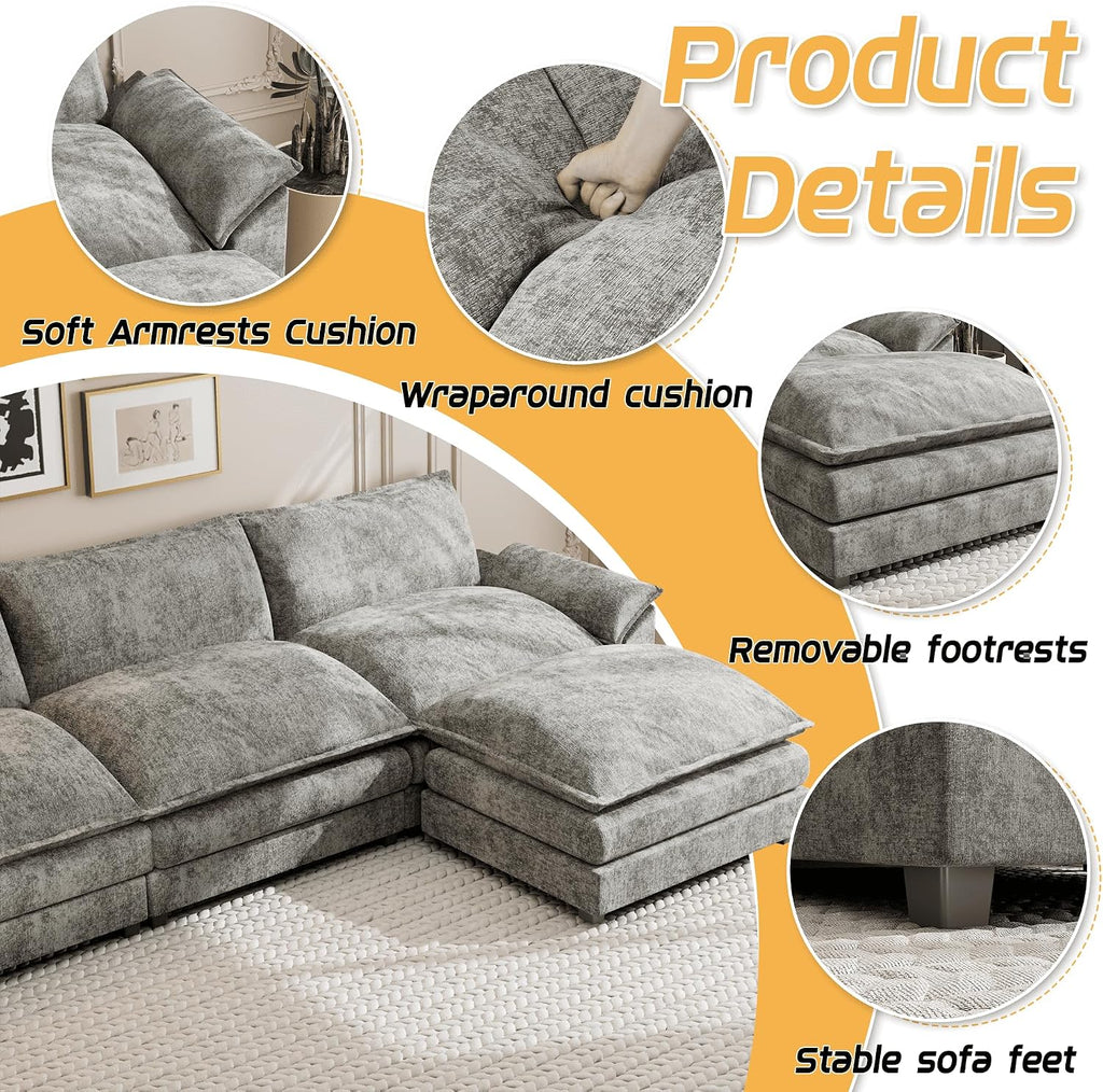 Shahoo Sectional Modular Sofa L Shaped Chenille Fabric Couch with High Supportive & Soft Sponges and Removable Ottoman, Sleeper Comfy Upholstered Furniture for Living Room, Grey