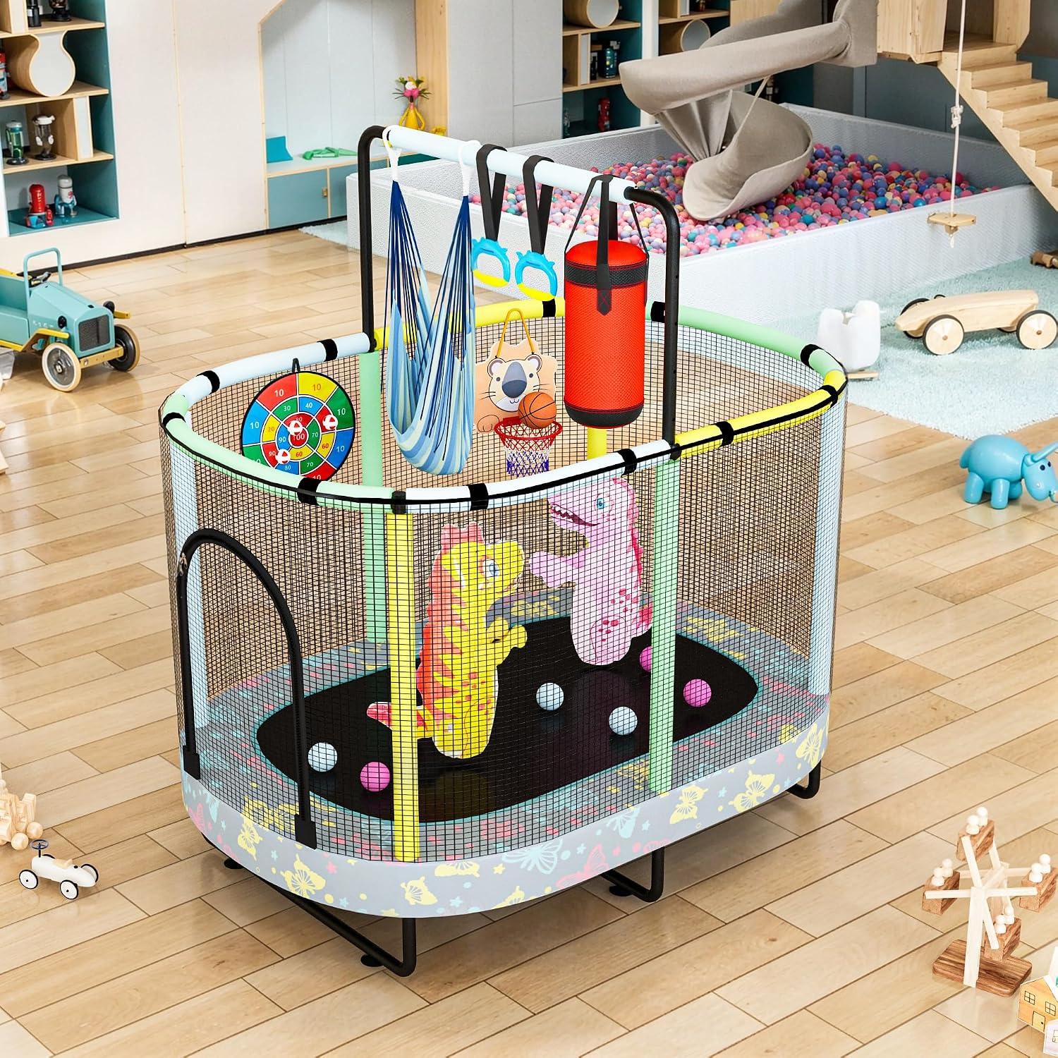 LAMERGE 55' 7-in-1 Round Trampoline for Kids Boys & Girls Ages 1-8, Indoor & Outdoor Trampoline for Fun, Adjustable Height Handrail ＆ Enclosed Safety Net ＆ Durable Designs for Toddlers Children