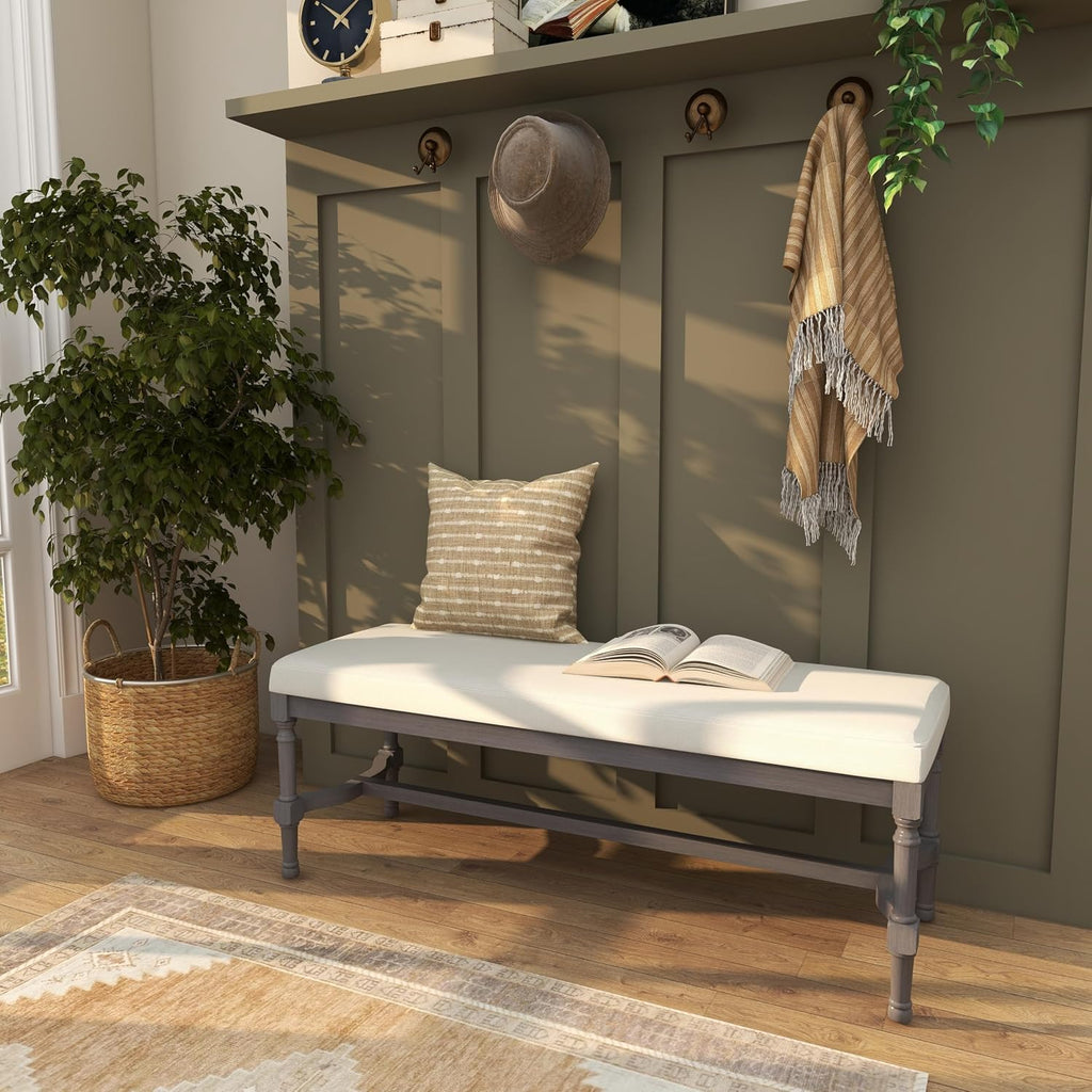 Deco 79 Wood Home Bench Entryway Bench with Burlap Seat, Bedroom Bench 47' x 16' x 18', Gray