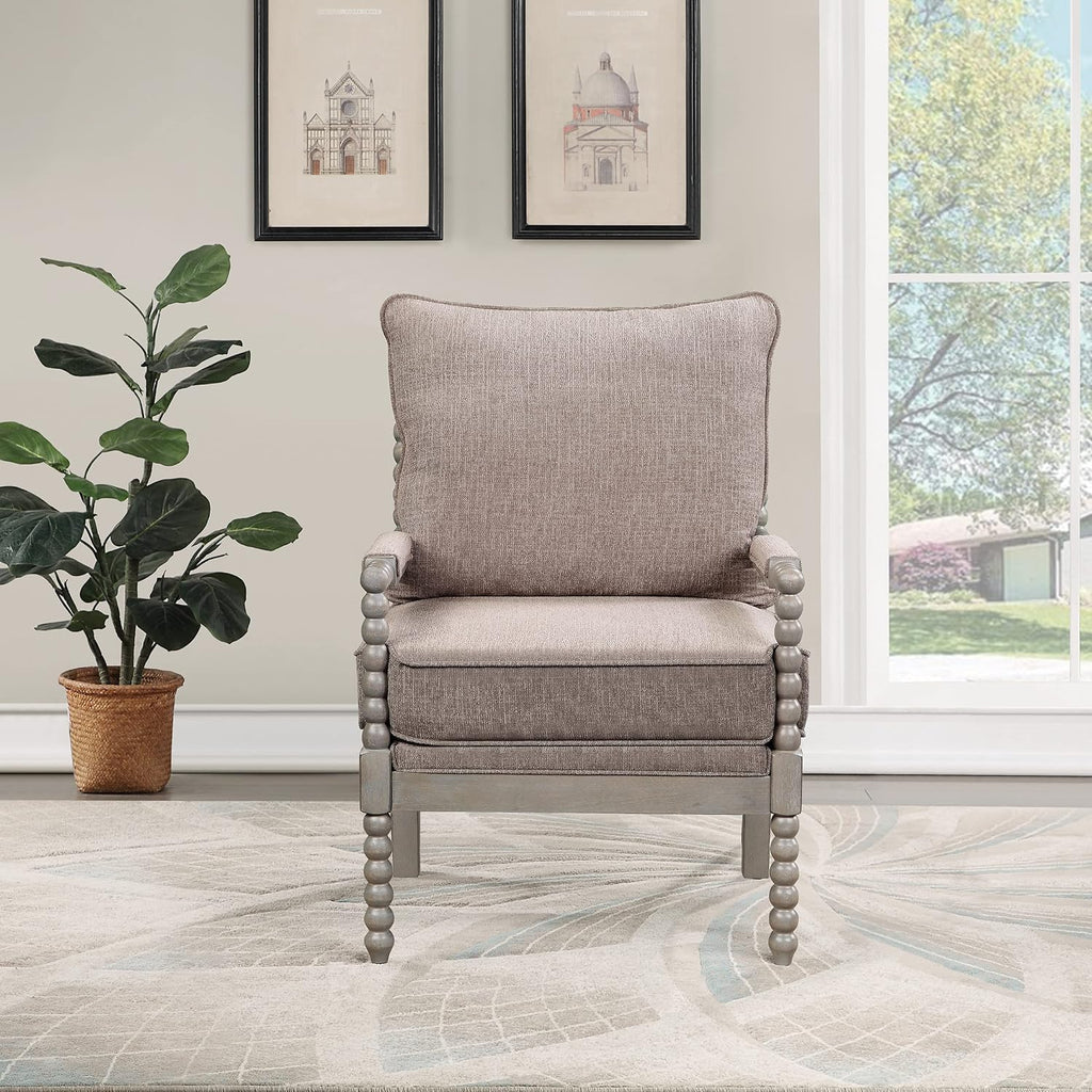 OSP Home Furnishings Abbott Spindle Accent Chair with Padded Spring Seat and Brushed Grey Base, Dolphin Beige Fabric