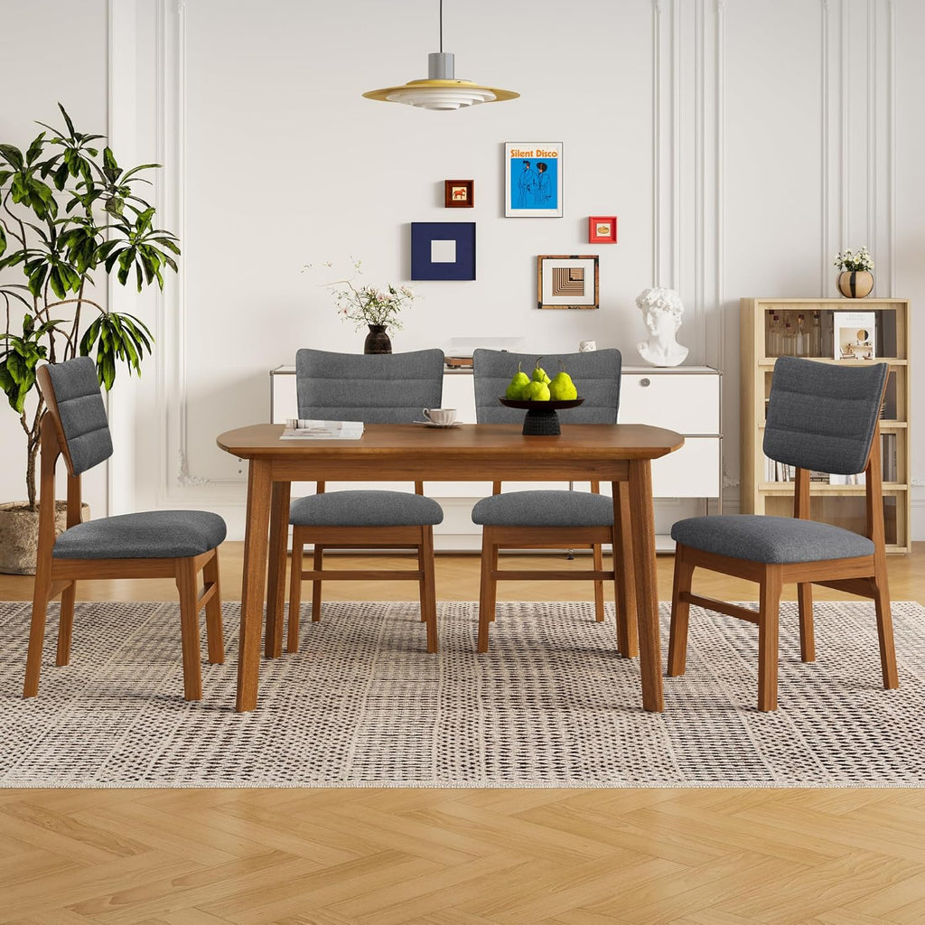 Merax 5 Piece Solid Wood Dining Table Set for 4, Farmhouse Mid-Century Modern and 4 Upholstered Chairs for Home, Kitchen, Apartment, Space Saving, Brown+Gray