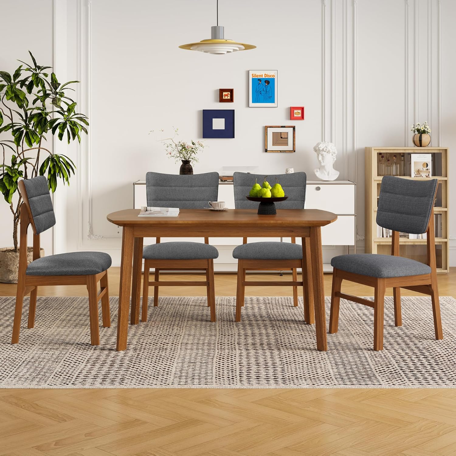 Merax 5 Piece Solid Wood Dining Table Set for 4, Farmhouse Mid-Century Modern and 4 Upholstered Chairs for Home, Kitchen, Apartment, Space Saving, Brown+Gray