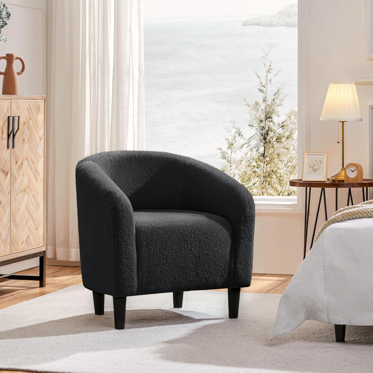 Yaheetech Accent Barrel Chair, Boucle Fabric Club Chair, Furry Sherpa Elegant Armchair with Cozy Soft Padded, Suitable for Living Room Bedroom Reception Room Office, Dark Gray