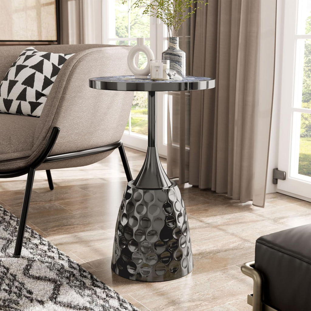 Homes: Inside + Out Halric Modern 24' Tall Round End Table with Printed Tabletop and Iron Metal Base, Accent Furniture, Pedestal Stand for Living Room, Home Office, Black with Geometric Floral