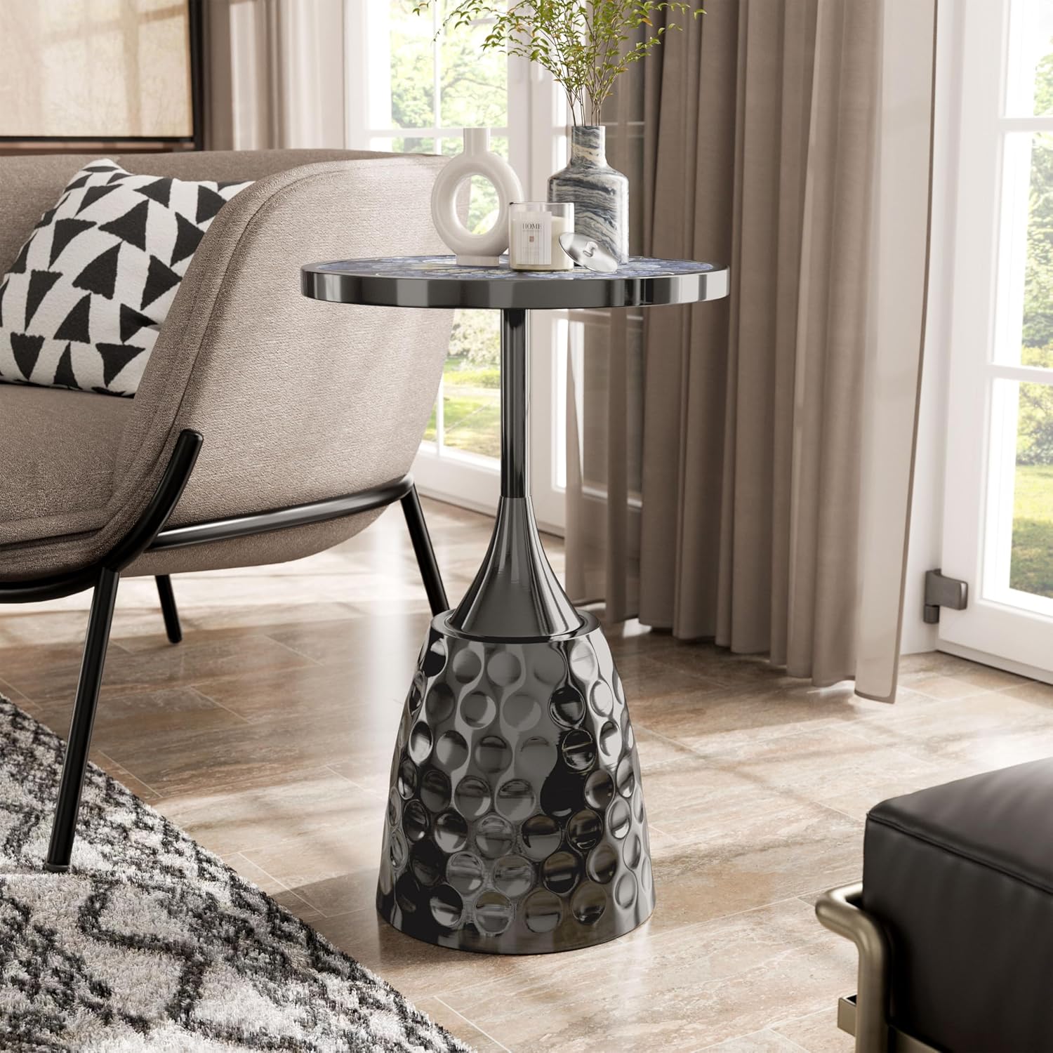 Homes: Inside + Out Halric Modern 24' Tall Round End Table with Printed Tabletop and Iron Metal Base, Accent Furniture, Pedestal Stand for Living Room, Home Office, Black with Geometric Floral