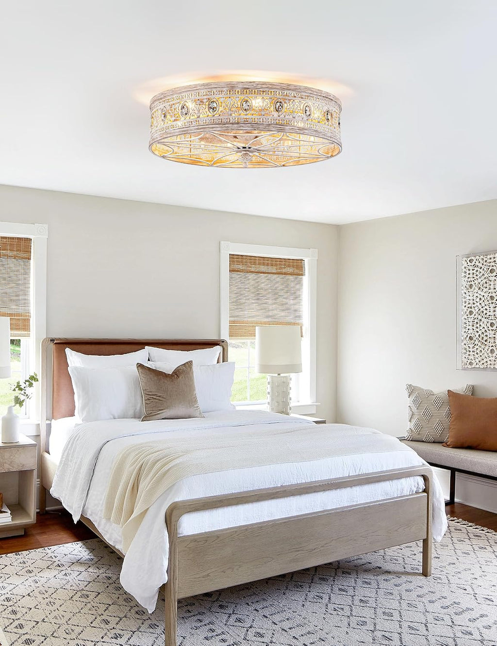 Vintage Farmhouse Fandelier Caged Ceiling Fan with Light Low Profile Rustic Flush Mount Light Fixture with Crystal Details Bladeless and Remote for Bedroom (Antique Wood, Medium-21INCH)