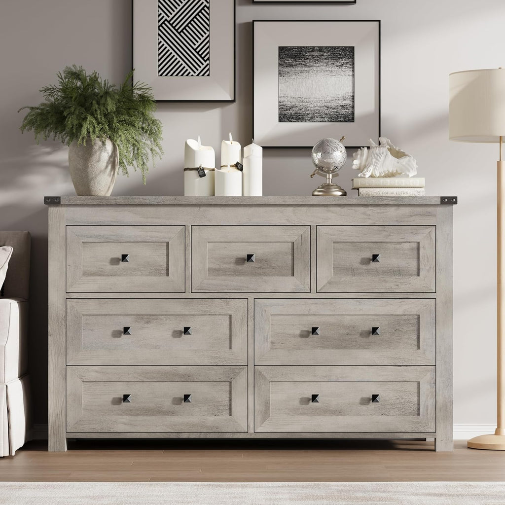BORNOON 7-Drawer Dresser, Modern Wooden Storage Chest of Drawers, Dresser TV Stand, Wood Drawer Organizer with Metal Handles for Bedroom, Living Room, Hallway