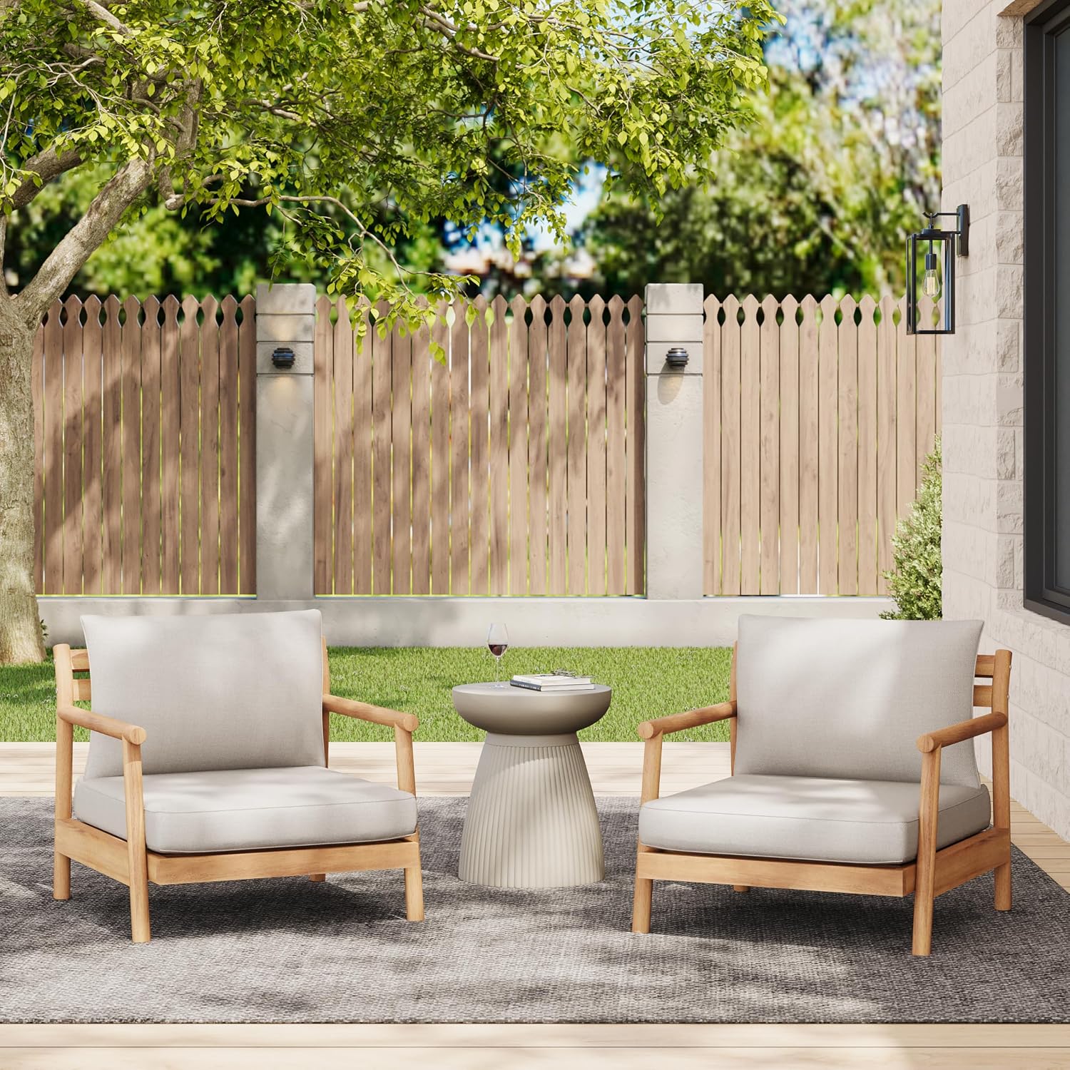 Christopher Knight Home Jorine Outdoor Club Chairs Set of 2, Acacia Wood Accent Chair, Wooden Armchair with Cushions, Open Back Comfy Seating Louge Single Sofa for Backyard Garden Balcony, Teak+Beige