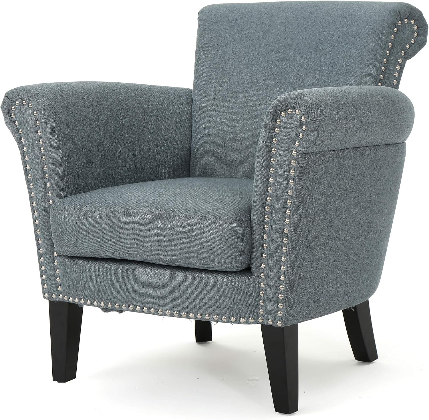 Christopher Knight Home Brice Vintage Scroll Arm Studded Fabric Club Chair, Steel Blue / Dark Brown
