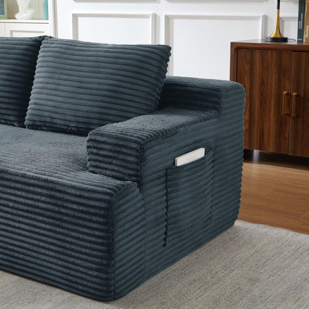 96' Corduroy Sectional Sofa Boneless Couches for Living Room - L Shaped Compressed Cloud Couch with Left Facing Chaise Lounge and Side Pockets