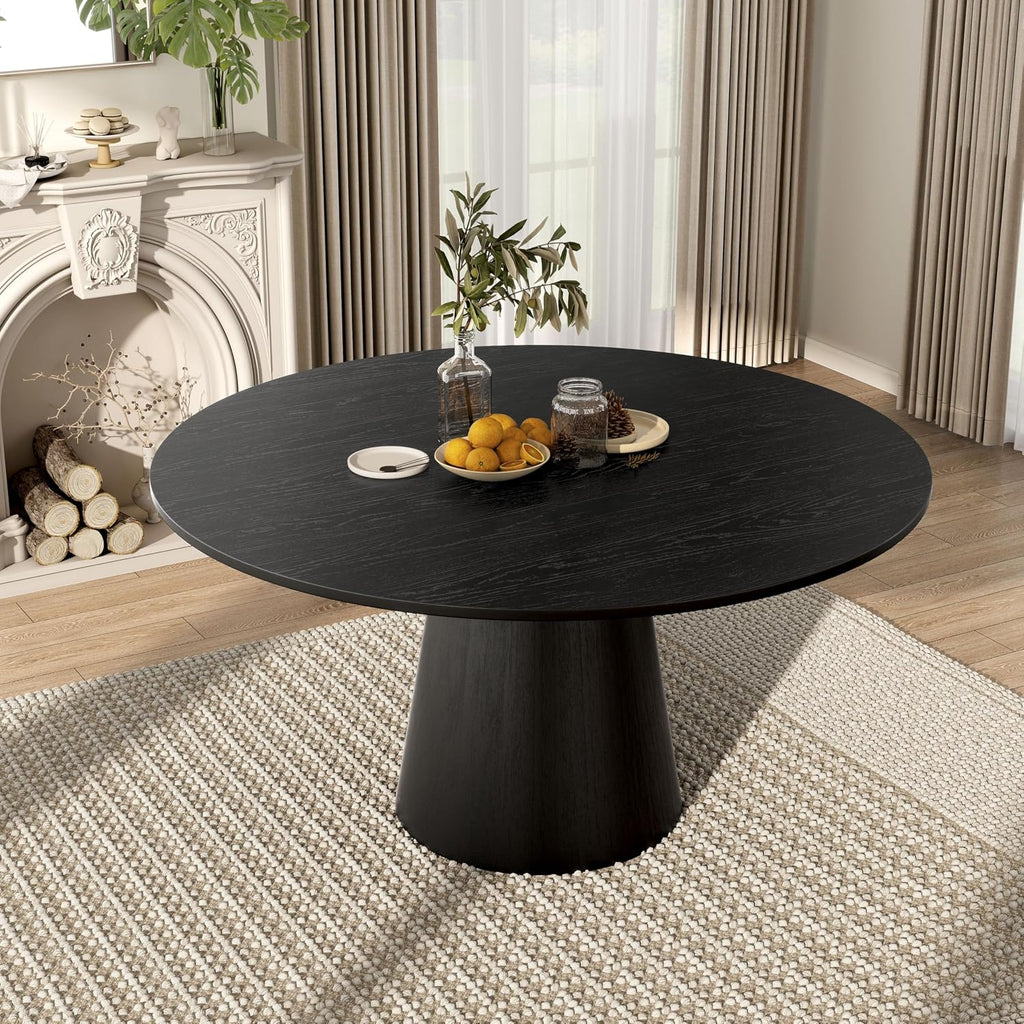 Furniture of America Lestara Modern Solid Wood 59-inch Round Dining Table with Tapered Pedestal Base, Seats up to 6, Easy Assembly, for Home, Kitchen, Living Room, Black