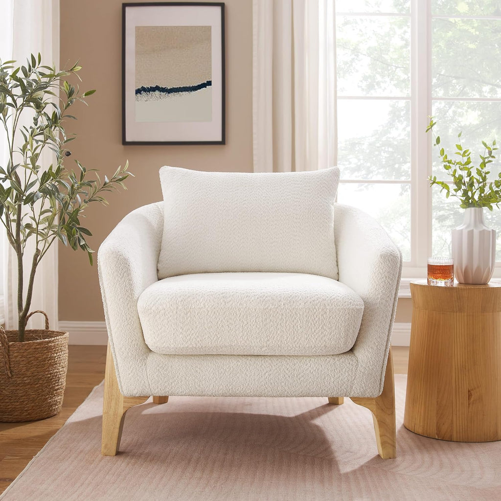 VANOMi Accent Chairs for Living Room, Sherpa Armchair with Cushion, Comfy Chair for Bedroom, Reading, Corner, Apartment, White