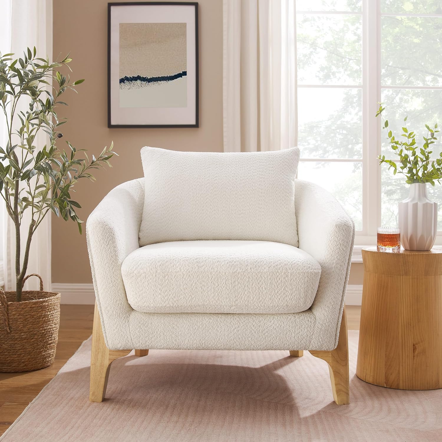 VANOMi Accent Chairs for Living Room, Sherpa Armchair with Cushion, Comfy Chair for Bedroom, Reading, Corner, Apartment, White