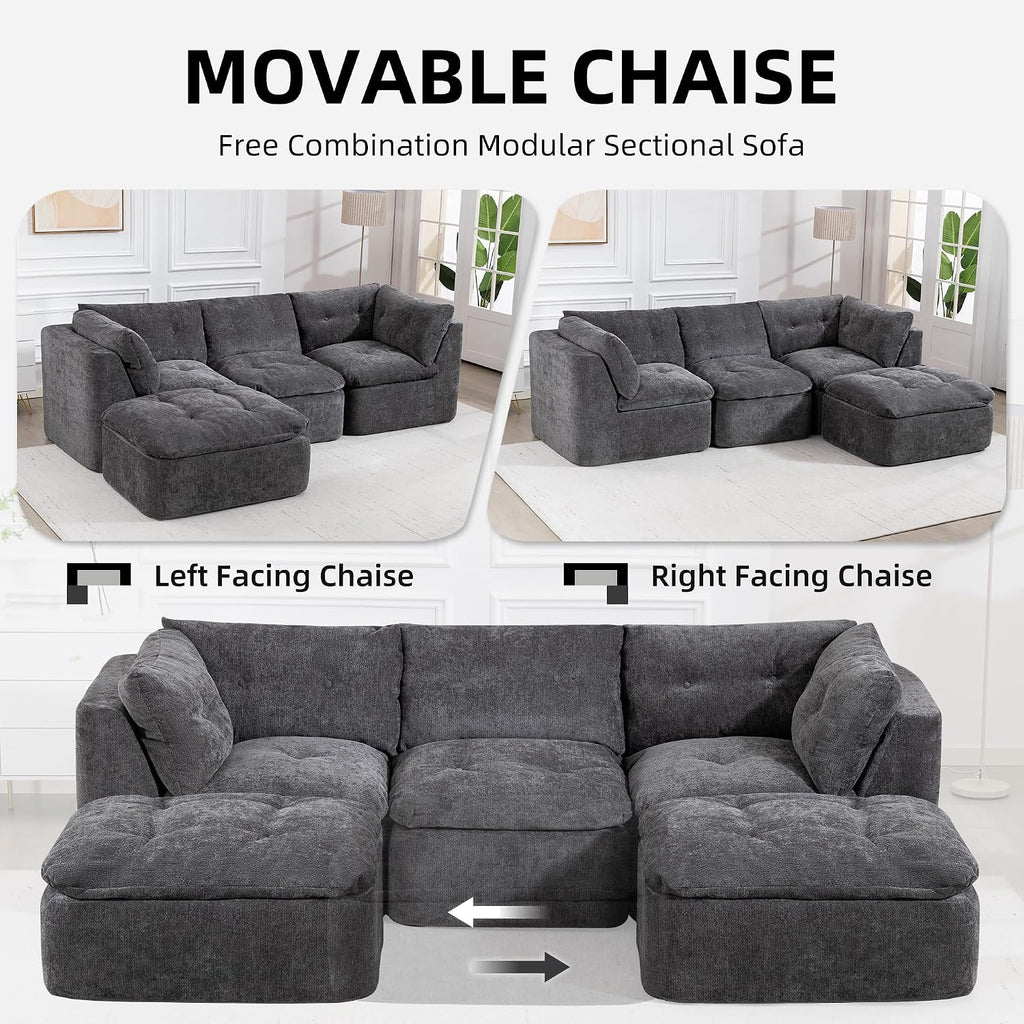 Tufted Cushions Cloud Sectional Boneless Sectional Sofa with Movable Ottoman, 112' Oversized Modular Convertible L Shaped Corner Couch with Deep Seat,Memory Foam Compressed Sofa