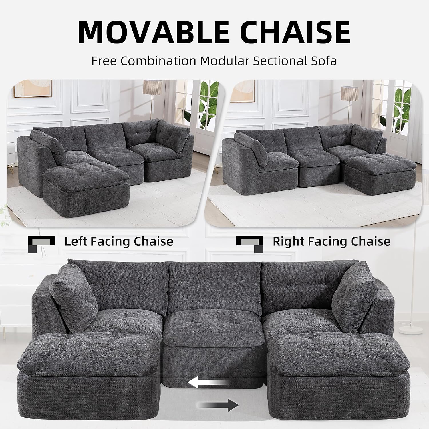 Tufted Cushions Cloud Sectional Boneless Sectional Sofa with Movable Ottoman, 112' Oversized Modular Convertible L Shaped Corner Couch with Deep Seat,Memory Foam Compressed Sofa