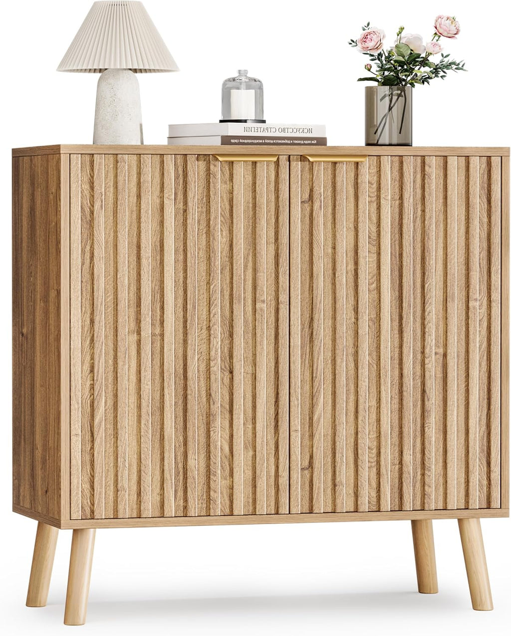 Pamapic Fluted Storage Cabinet, Sideboard Buffet with Doors and Shelf, Wooden Console Table & Credenza, Multifunctional Entryway Cabinet for Living Room, Dining Room (Natural)