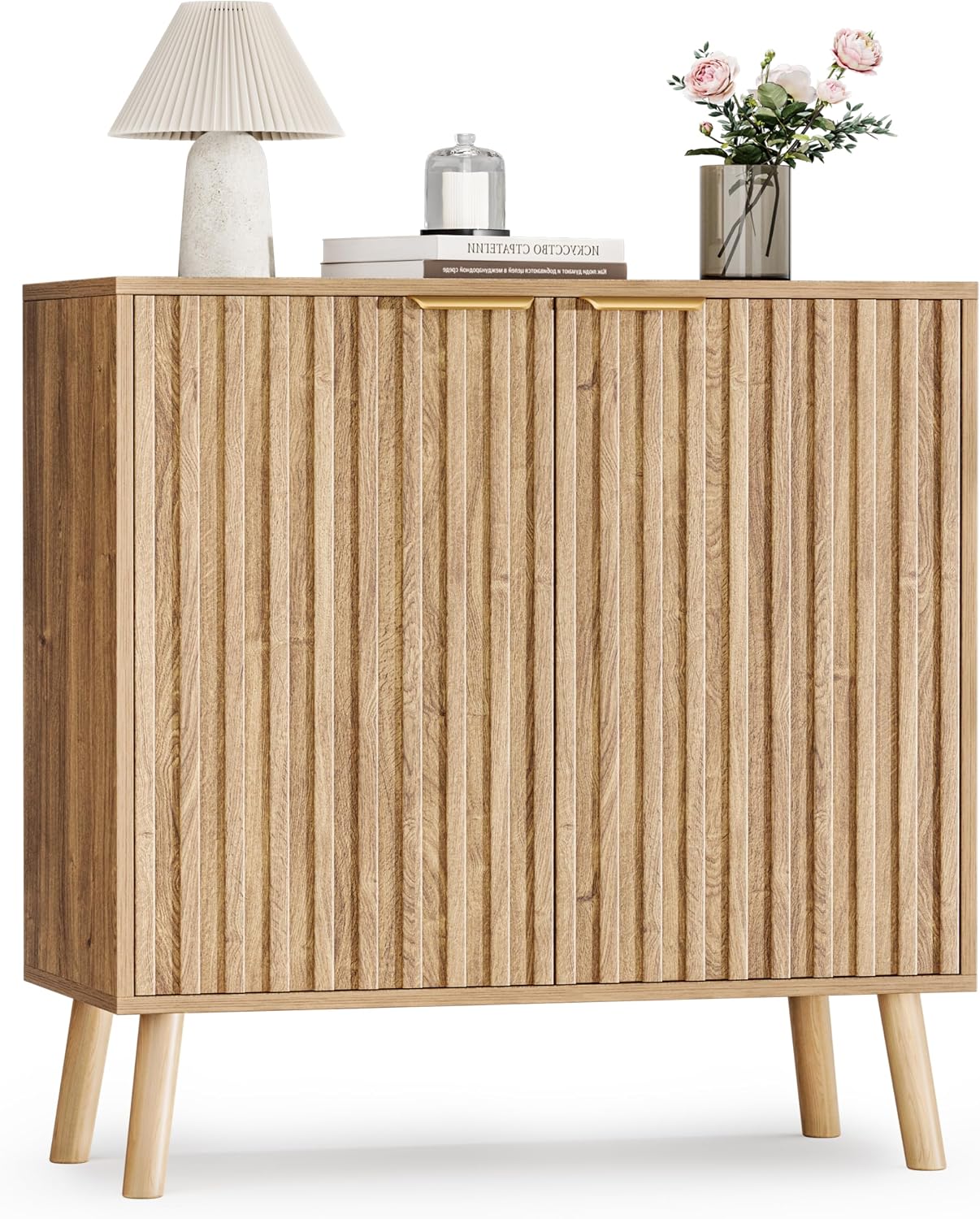 Pamapic Fluted Storage Cabinet, Sideboard Buffet with Doors and Shelf, Wooden Console Table & Credenza, Multifunctional Entryway Cabinet for Living Room, Dining Room (Natural)