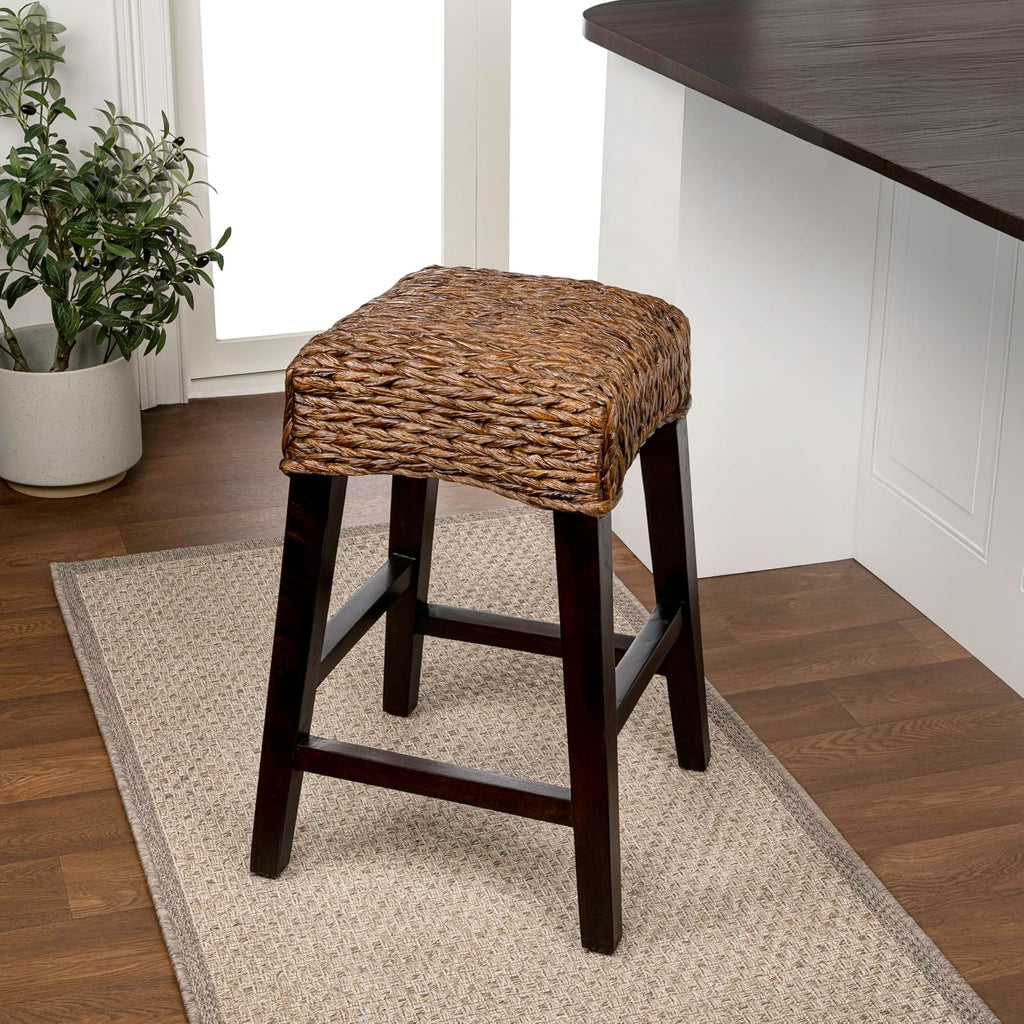 JONATHAN Y Maui Coastal Woven Water Hyacinth Counter Stool, Mango Wood Frame, 26' Backless Counter Stool for Kitchen Island with Integrated Footrest, Fully Assembled, Coastal, Dark Brown CSL1101C