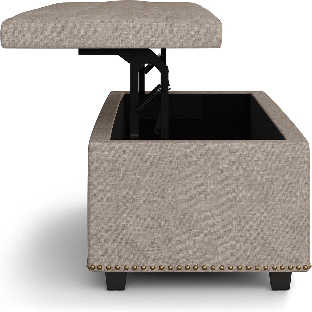 SIMPLIHOME Hamilton 44 inch Wide Traditional Rectangle Lift Top Rectangular Storage Ottoman in Natural Linen Look Fabric, Assembled, For the Living Room, Entryway and Family Room