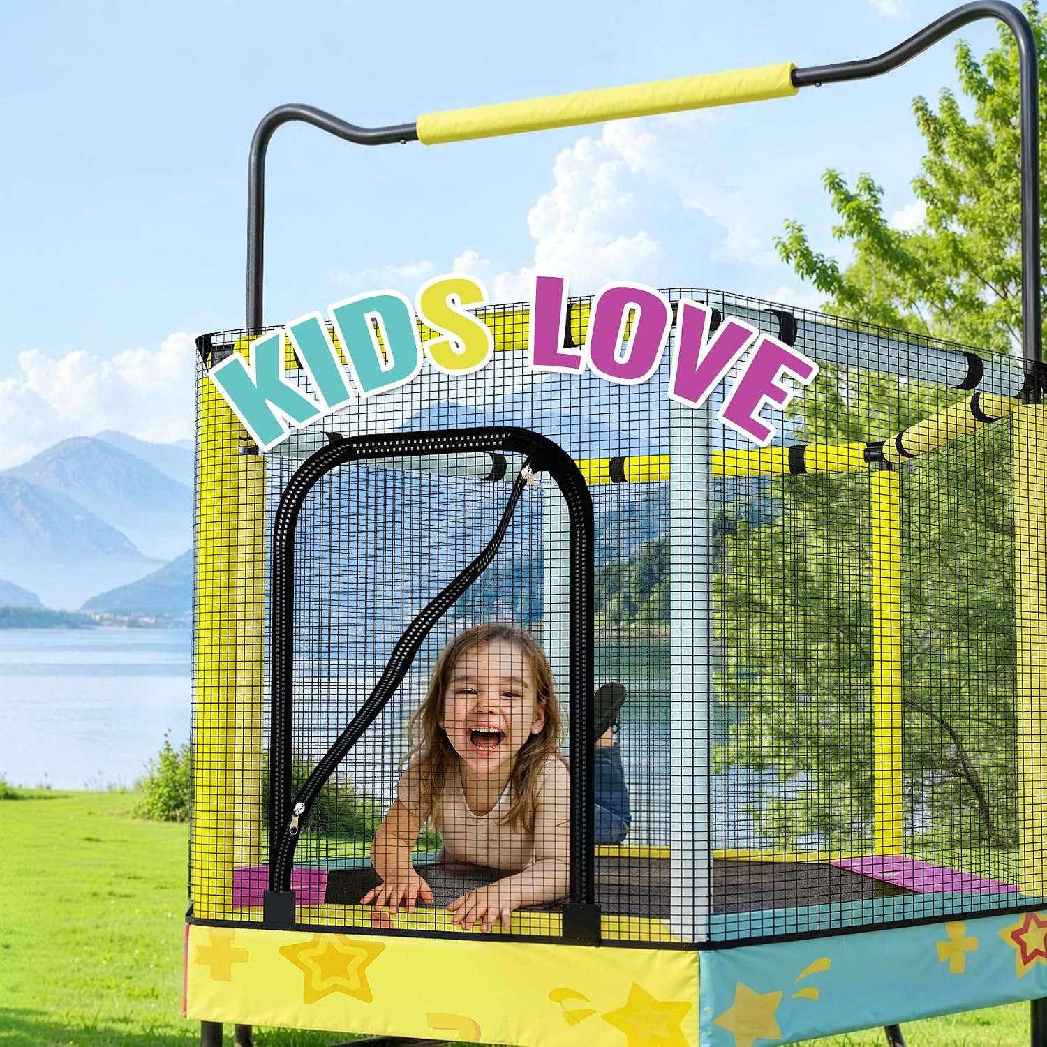 Lamerge Kids Trampoline, Toddler Bouncing Trampoline with Safety Enclosure Net, ASTM-Approved, 500lbs Capacity, Ages 1-8, Adjustable Handrail, 7-in-1, 60'