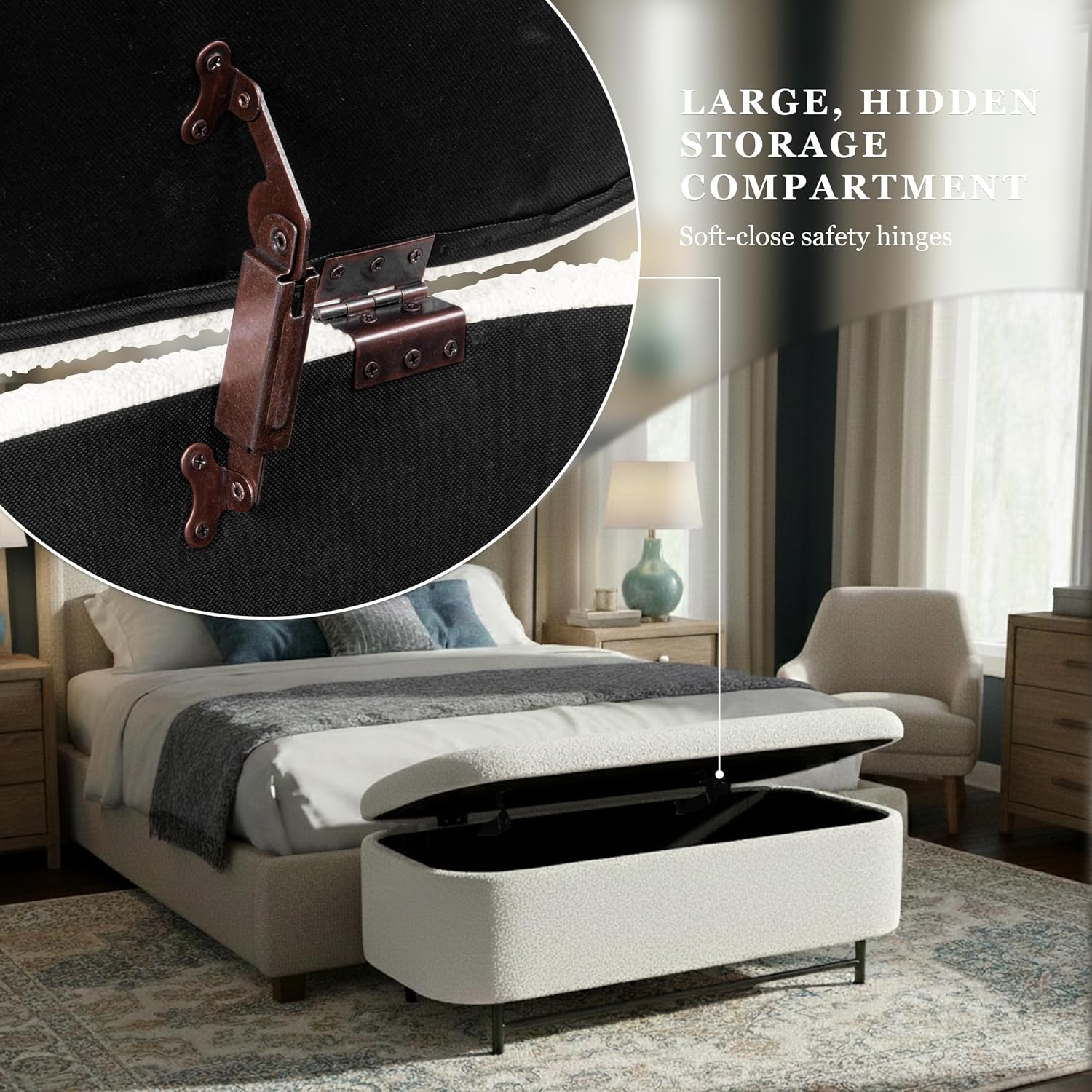 HomePop 46' Ellipse Storage Bench with Metal Legs - Cream Boucle